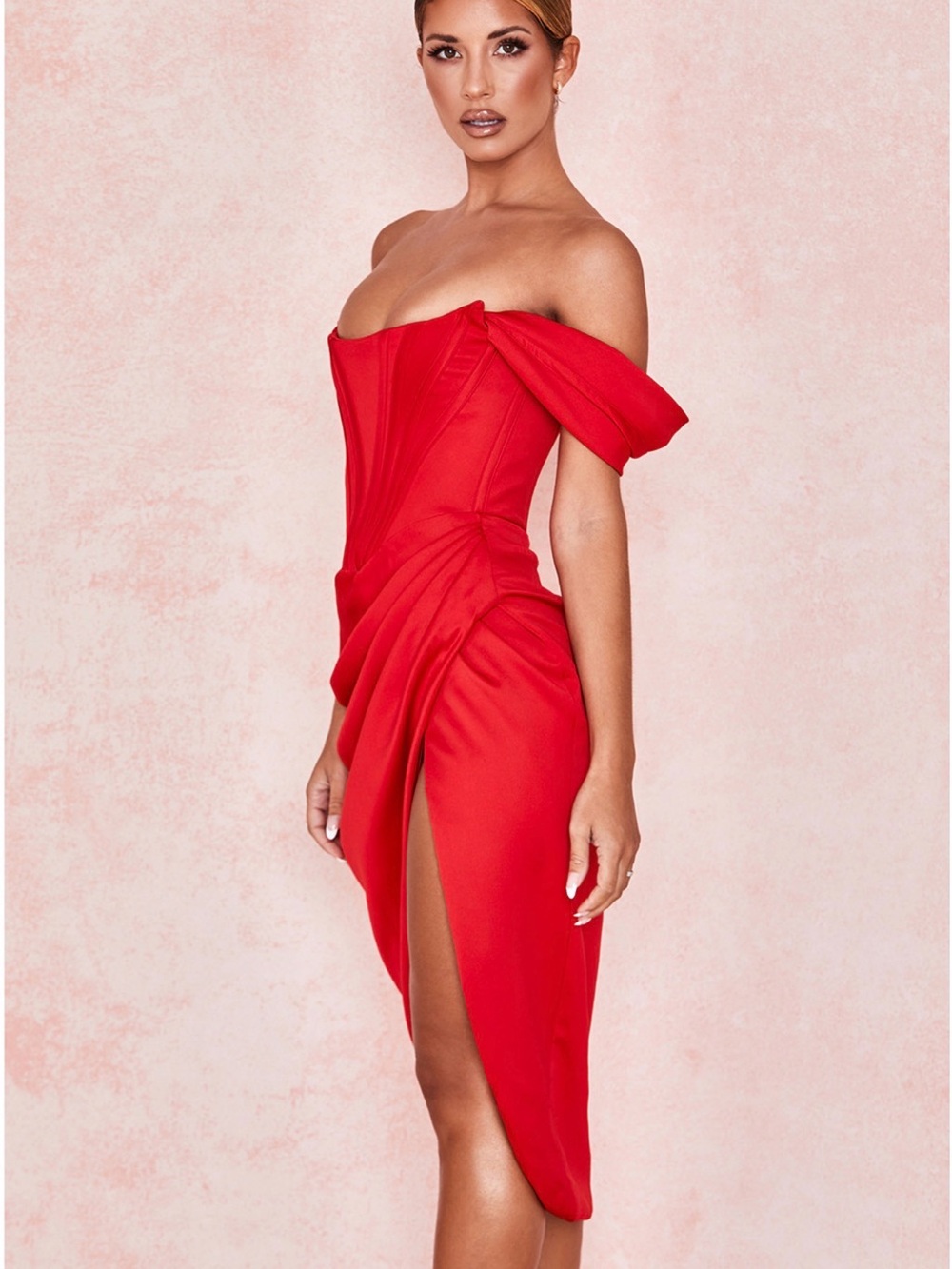 Off-Shoulder Red Draped Midi Dress
